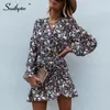 Southpire V Yaka Siyah Çiçek Baskı Seksi Elbise Kadın Uzun Kollu İlkbahar Yaz Boho Elbise İpli Zarif Günlük Giysiler 2021 210316