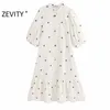 Zevity Femmes Vintage O Cou Fleur Broderie Chemise Robe Chic Lady Hem Plis Volants Robes Robes Midi Droites DS4171 210623