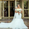 Plus Size Arabic Aso Ebi Luxurious Mermaid Sexy Wedding Dress Lace Beaded Crystals Tiered Skirts Bridal Dresses Gown 328 328
