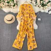 Women Fashion Holiday Printed Jumpsuit V Neck Long Flare Sleeve Irregular Slim Wide Leg Overalls Clothes R099 210527
