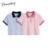 Yitimuceng кнопка вверх футболки женщина прямые повседневные короткие тройники Unicolor синие розовые топы летние корейские моды футболки 210601