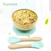 아기 먹이 그릇 숟가락 포크 음식 식기 키즈 나무 훈련 접시 실리콘 흡입 컵 이동식 어린이 요리 제품 211027