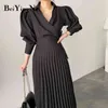 Beiyingni Elegant Stylish Women Puff Sleeve Pleated Long Dress Turndown Collar Spring Autumn Office Ladeis Dress Black Vestidos Y1204