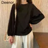 Camisa básica de Deenor Mulheres Básico Lanterna Sleeve Top Primavera Outono de Manga Comprida T-shirt Soild Woman Roupas H1230