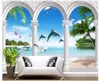 Wallpapers Custom 3D Wallpaper for Walls 3 D European Arches Beach Island Coconut Tree Dolphins Raam zeegezicht muurschildering achtergrond Wall Paper