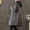 Johnature Women Hooded Plaid Parkas Vintage Button Coats Loose Höst Vinterfickor Kvinnliga Casual Warm Parkas Coats 210819