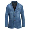 Brand Denim Jacket Mężczyźni Jesień Blazer Slim Fit Wojskowy Single Breasted Turn-Down Collar Dżinsy Płaszcz Plus Rozmiar XXXXL 211214