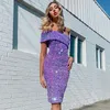 Casual Dresses 2021 Fashion Sexy Lila Sequined Skinny Women's One Shoulder Ärmlös Midi Dress Club Celebrity Evening Party Vestidos