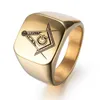 Retro Style Stainless Steel Ring Hip-hop Gold Men's Fashion Freemason Masonic Signet Rings With Black Mason Symbol Deep Clear Corrosion