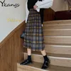 여성 격자 무늬 스커트 겨울 따뜻한 양모 높은 허리 주름 치마 하라주쿠 학생 소녀 Kawaii Long Skirts 한국어 Saia MIDI 210311