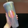 Fast delivery 24 oz Personalized Plastic Bling Rainbow Unicorn Studded Cold Cup Tumbler coffee mug with straw FY4488