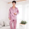 Silk Satin Men Pyjamas Set Fashion Sleepwear Par Solid Färg Långärmad kostym Casual Two-Piece Pajama Höst Elastisk Homewear 210901