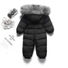 Fur Hooded Baby Girls Romper Vinter Boy Jumpsuit Down Warm Kids Onesie Fleece Barn Snowsuit Toddler Kläder Outfits 211011