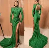 Plus storlek ny ankomst mörkgröna sjöjungfrun prom klänningar beaded backless prom klänningar långärmad hög sida split fest klänning vestidos defesta