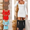 Long Sleeve Square Neck Spring Summer Black Wrap Ruched Bodycon Dress Women Sexy Backless White Elegant Short Mini Party Dresses X0705