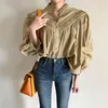 Koreaanse stijl vrouwen blouse elegante ruches dames geplooid geborduurde single breasted losse lantaarn mouw shirt 210601