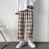 Privathinker Bej Ekose erkek Düz Pantolon Vintage Elastik Bel Adam Rahat Kontrollü Pantolon Kore Adam Geniş Bacak Pantolon G0104