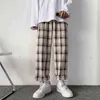 Privathinker Beige Plaid Men's Straight Pants Vintage Elastic Waist Man Casual Checked Pants Korean Man Wide Leg Trousers G0104