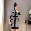 women's o-neck single breasted long sleeve houndstooth grid knitted pencil dress bodycon slim waist dress SMLXL