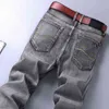 Heren stretch reguliere fit jeans zakelijke casual klassieke stijl mode denim broek mannelijke zwarte blauwe grijze broek 211206