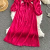 عارضة فساتين الخريف النساء مطوي فستان ماكسي الصلبة خمر الأزياء أنيقة طويلة الأكمام vestidos الإناث رداء امرأة الملابس 2021