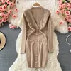 Autumn winter women solid color long sleeve V-neck single breasted knitted bodycon slim waist short desinger dress