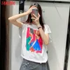 Tangada Sommer Frauen Mädchen Malerei Druck Übergroße Baumwolle T-shirt O Neck Tees Damen Casual T-shirt Street Wear Top TA3 210609