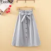 CRRIFLZ Summer Autumn Skirts Womens Midi Knee Length Korean Elegant Button High Waist Skirt Female Pleated School Skirt 210306