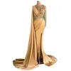 Mermaid Gold Evening Dresses for Women Beaded V Neck Satin High Split Prom Party Gowns Long Wrap Formal Robe De Soirée