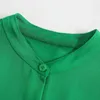 Xeasy Yaz Kadın Vintage İki Parçalı Set Yeşil Gevşek Yuvarlak Boyun Gömlek Elastik Yüksek Bel Rahat Pantolon Pantolon 211105