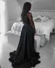 セクシーな幻想長袖のイブニングドレスレースAラインアップリケビーズブラックフォーマル機関ガウンスプリットサテンウエディングドレスローブソレの女性女の子のための服
