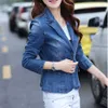 Idopy Womens Office Ladies 1 Button Slim Fit Washed Stretch Work Denim Jean BusinSuit Blazer Jacket Coat X0721