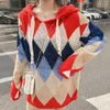 PEUT-ÊTRE U Femmes Chandail Tricoté Pulls Rouge Bleu Lurex Bling À Capuche Argyle Lâche Hiver M0053 210529