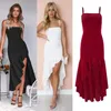 Vit svart röd spaghetti rem midi klänning sexig rygglös oregelbunden klänning mode party klänningar kvinnor lång smal rufs klänning 210302