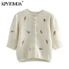 KPYTOMOA Women Fashion With Embroidery Cropped Knitted Cardigan Sweater Vintage Puff Sleeve Female Outerwear Chic Tops 210917