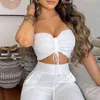 Zomer vrouwen casual wit tweedelige pak sets mouwloze trekkoord bandeau crop top shirred hoge taille lange broek 211105