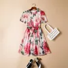 Women's Runway Dresses Ruffled Collar Short Sleeves Floral Printed Sash Belt Fashion A Line Dress Vestidos