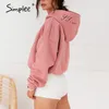 Simplee Kausal rosa kurze Frauen Fleece Sweatshirt Langarm Herbst Winter übergroße Hoodies Top lose weibliche Hemd Pull Femme 201109