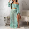 Verão Crochet Dress Beach Wear 2 Parte Crop Top e Saia Set para Mulheres Manga Longa Borlas Slash Pescoço Dois Conjuntos de Malha 220314