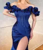 Royle Blue Off Shoulder High Split Mermaid Evening Dresses with Beaded Sweep Train Lace-up Satin Arabic Aso Ebi Prom Gowns