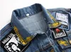 Unique Mens Painted Stickers Denim Jackets Washed Fashion Designer Slim Fit Streetwear Motorcycle Biker Men Epaulet Jeans Jacket Coat 980