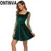 Vestido de Natal Sheer Sleeve Estrelas Brilhantes Veludo Mini Elegante Senhoras Dança Dança Celebridade Es Vermelho Verde Preto 210527