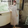 Long Sleeve Dress Heart-shaped Chiffon Vintage Midi Women Mid-calf Bow Neck Party Elegant Summer 210603