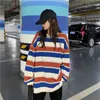 Houzhou Hoodies Çizgili Kazak Streetwear Kadın Harajuku Boy Kazak Kore Moda Çiftler Eşleşen Uzun Kollu Tops 210927