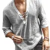 Men's T Shirts Clothes Men T-shirt Fashionable Linen Summer Top Long Sleeves Casual Sport Printed Lace Up Blouse Mujer XXXL225O