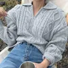 Kvinnors Långärmad Loose Cable-Knit Tröja Höst V-Neck Patchwork Vintage Pullovers Ladies Fashion All-Match Knitwear 211014