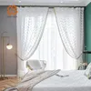 Cortinas transparentes blancas geométricas modernas para sala de estar, cortina de tul con ondas para ventana, cortina de tul para dormitorio, borlas de gasa, pompón, Panel personalizado ciego 211203