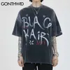Oversized T-shirts Hip Hop Distressed Graffiti Tie Dye Kortärmad Tshirts Streetwear Fashion Punk Rock Gothic Tops 210602