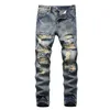 Pantaloni in denim lavati dritti con pieghe strappate con bottoni jeans skinny da motociclista blu 2020 jeans slim fit pantaloni da uomo X0621