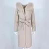 OFTBUY Real Fur Coat Winter Jacket Women Natural Collar Hooded Cashmere Wool Blends Long Outerwear Lady Streetwear 211110